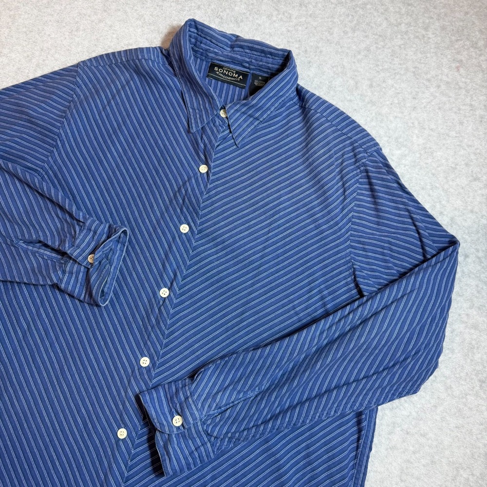 Sonoma‎ Jeans Co Mens XL Blue Striped 100% Cotton Long Sleeve Button Up Shirt